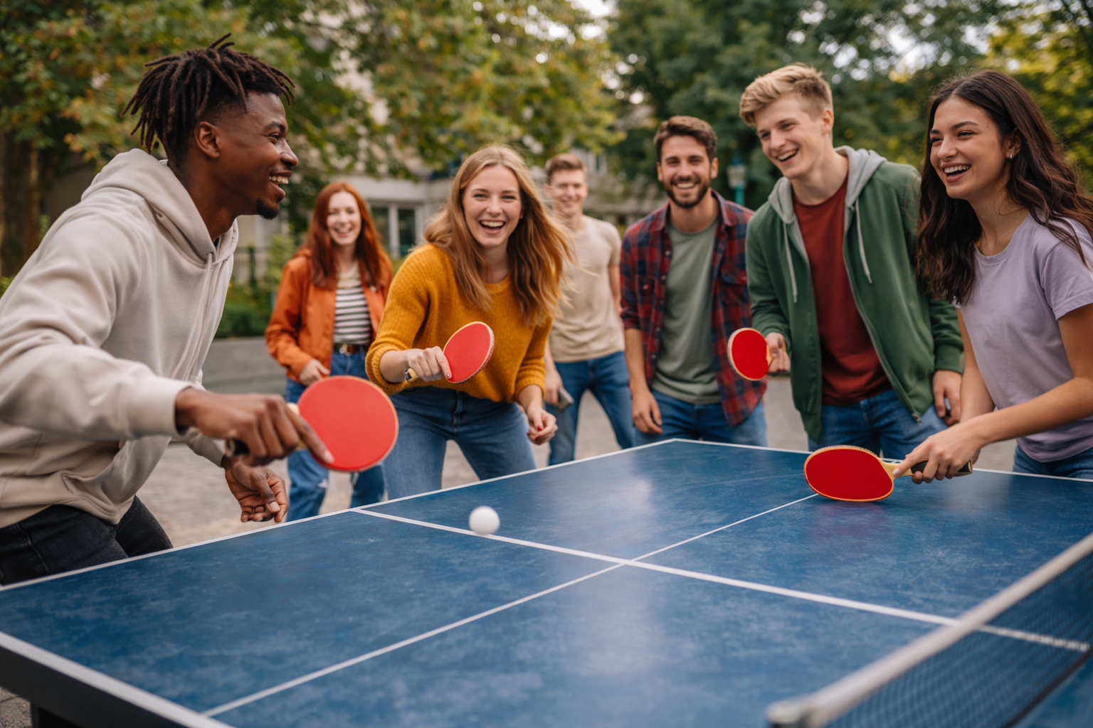 Jugendliche und junge Erwachsene spielen Tischtennis.